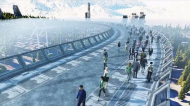 Sci fi tonnel 3d insanlar. Trafik. Gelecek kavramı. Gerçekçi 4k animasyon.