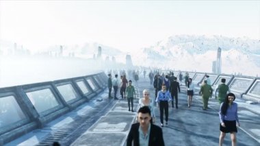 Sci fi tonnel 3d insanlar. Trafik. Gelecek kavramı. Gerçekçi 4k animasyon.