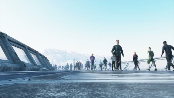 3D-Menschen im Science-Fiction-Tonnel. Verkehr. Zukunftskonzept. realistische 4k-Animation. — Stockvideo