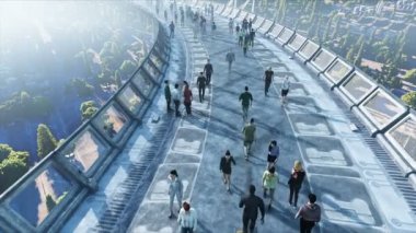 Sci fi tonnel 3d insanlar. Trafik. Gelecek kavramı. Gerçekçi 4k animasyon.