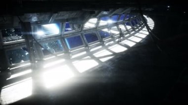 Futuristik uzay koridorundaki insanlar, oda. toprak görünümü. sinematik 4k görüntüleri.