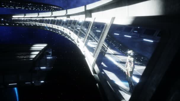 Fütürist uzay koridorunda yalnız astronot, oda. Dünya görüşü. Sinematik 4k görüntü. — Stok video