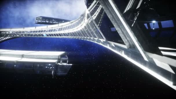 Ludzie w futurystycznym korytarzu kosmicznego, pokój. widok na ziemię. kinowy materiał 4K. — Wideo stockowe