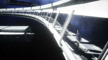Futuristik uzay koridorundaki insanlar, oda. toprak görünümü. sinematik 4k görüntüleri.