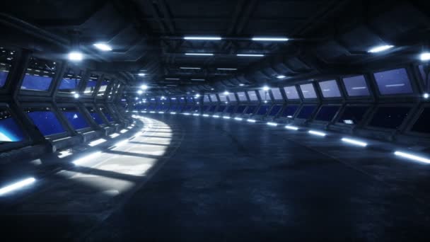 couloir spatial futuriste, tunnel. vue de vol de la terre. Animation cinématographique 4k .