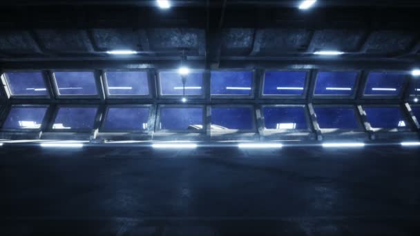 未来の宇宙船の廊下のトンネル。地球の飛行ビュー。4 k アニメーション映画. — ストック動画