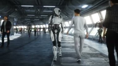 İnsanlar ve robotlar. Sci Fi Tonnel. Fütüristik trafik. Gelecek kavramı. Gerçekçi 4k animasyon.
