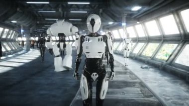 İnsanlar ve robotlar. Sci Fi Tonnel. Fütüristik trafik. Gelecek kavramı. Gerçekçi 4k animasyon.