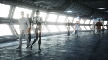 İnsanlar ve robotlar. Sci Fi Tonnel. Fütüristik trafik. Gelecek kavramı. Gerçekçi 4k animasyon.
