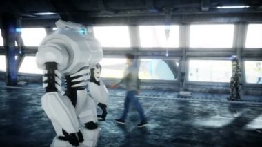 İnsanlar ve robotlar. Sci Fi Tonnel. Fütüristik trafik. Gelecek kavramı. Gerçekçi 4k animasyon.