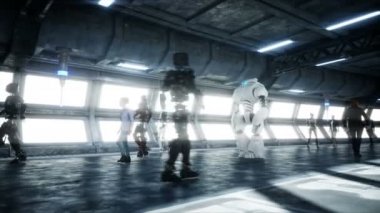 İnsanlar ve robotlar. Sci Fi Tonnel. Fütüristik trafik. Gelecek kavramı. Gerçekçi 4k animasyon.