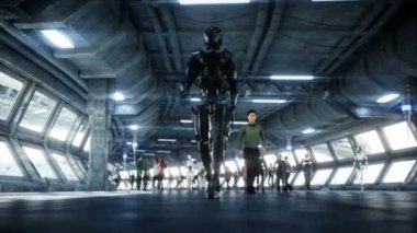 İnsanlar ve robotlar. Sci Fi Tonnel. Fütüristik trafik. Gelecek kavramı. Gerçekçi 4k animasyon.