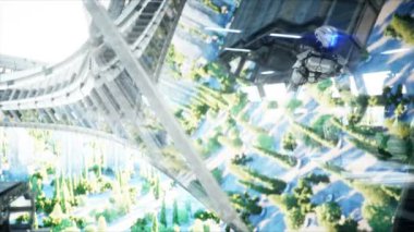 İnsanlar ve robotlar. Sci Fi Tonnel. Fütüristik trafik. Gelecek kavramı. Gerçekçi 4k animasyon.