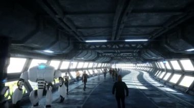 İnsanlar ve robotlar. Sci Fi Tonnel. Fütüristik trafik. Gelecek kavramı. Gerçekçi 4k animasyon.