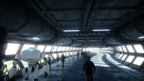 Mensen en robots. Sci Fi tonnel. Futuristische verkeer. Concept van de toekomst. Realistische 4k animatie. — Stockvideo