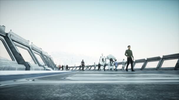 사람과 로봇. 공상 과학 파이 톤넬. 미래 교통. 미래의 개념. 사실적인 4K 애니메이션. — 비디오