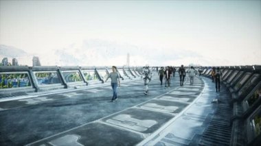 İnsanlar ve robotlar. Sci Fi Tonnel. Fütüristik trafik. Gelecek kavramı. Gerçekçi 4k animasyon.