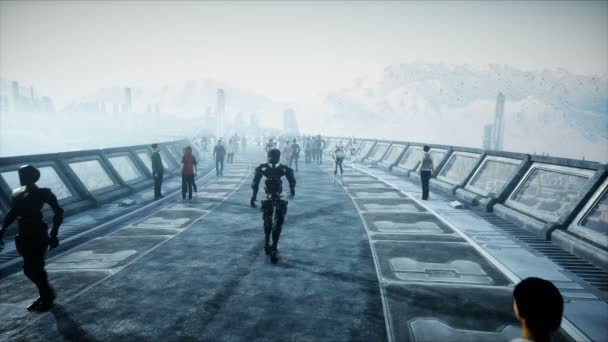 İnsanlar ve robotlar. Sci Fi Tonnel. Fütüristik trafik. Gelecek kavramı. Gerçekçi 4k animasyon. — Stok video