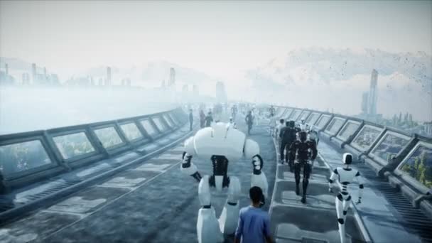 İnsanlar ve robotlar. Sci Fi Tonnel. Fütüristik trafik. Gelecek kavramı. Gerçekçi 4k animasyon. — Stok video