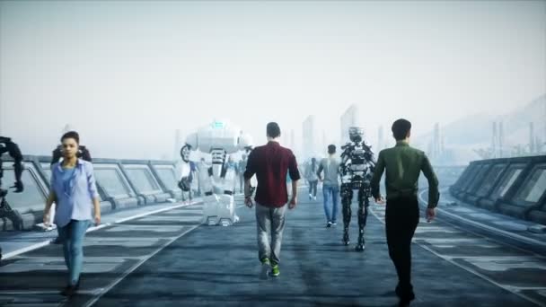 Люди и роботы. Тоннель научной фантастики. Футуристический трафик. Концепция будущего. Реалистичная 4K-анимация . — стоковое видео