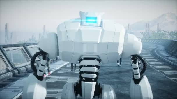 Gente y robots. Túnel de ciencia ficción. Tráfico futurista. Concepto de futuro. Animación realista 4K . — Vídeo de stock