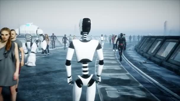 Des gens et des robots. Sci fi tonnel. Trafic futuriste. Concept d'avenir. Animation 4K réaliste . — Video