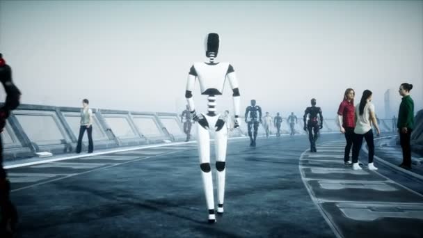 Människor och robotar. Sci-Fi-tonnel. Futuristisk trafik. Framtidens koncept. Realistisk 4k-animering. — Stockvideo