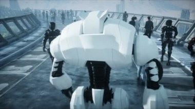 İnsanlar ve robotlar. Sci Fi Tonnel. Fütüristik trafik. Gelecek kavramı. Gerçekçi 4k animasyon.
