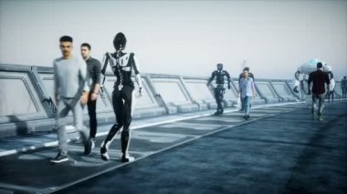 İnsanlar ve robotlar. Sci Fi Tonnel. Fütüristik trafik. Gelecek kavramı. Gerçekçi 4k animasyon.