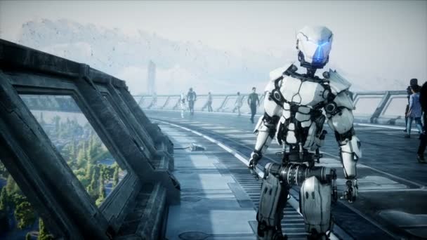 İnsanlar ve robotlar. Sci Fi Tonnel. Fütüristik trafik. Gelecek kavramı. Gerçekçi 4k animasyon. — Stok video