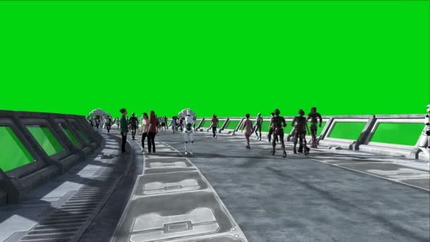 Persone e robot. Tonnel scientifico. Traffico futuristico. Concetto di futuro. Video sullo schermo verde. Animazione 4K realistica . — Video Stock