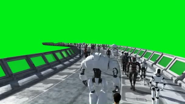 Människor och robotar. Sci Fi tonnel. Futuristisk trafik. Framtidskoncept. Gröna skärmbilder. Realistisk 4K-animering. — Stockvideo