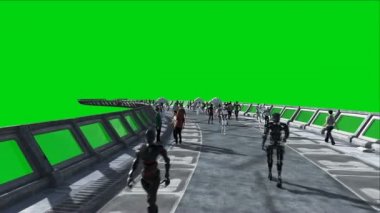 İnsanlar ve robotlar. Bilim kurgu tonnel. Fütüristik trafik. Gelecek kavramı. Yeşil ekran görüntüleri. Gerçekçi 4k animasyon.