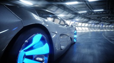 Bilim kurgu tünelinde hızlı giden fütüristik bir araba, Coridor. Gelecek kavramı. 3d oluşturma.