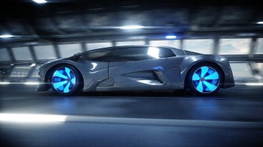 Bilim kurgu tünelinde hızlı giden fütüristik bir araba, Coridor. Gelecek kavramı. 3d oluşturma.