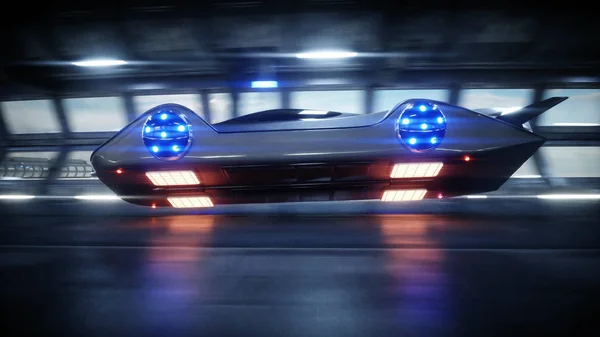 공상 과학 터널에서의 미래 지향적 인 차의 빠른 운전, 코디 도르. 미래에 대한 개념. 3d 렌더링. — 스톡 사진