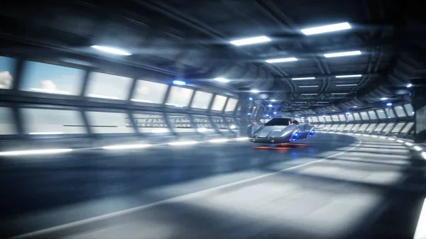 Auto futuristica guida veloce in tunnel fantascientifico, coridor. Concetto di futuro. rendering 3d. — Foto Stock