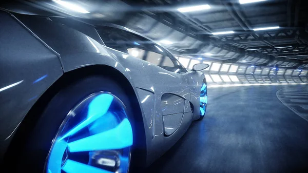 공상 과학 터널에서의 미래 지향적 인 차의 빠른 운전, 코디 도르. 미래에 대한 개념. 3d 렌더링. — 스톡 사진