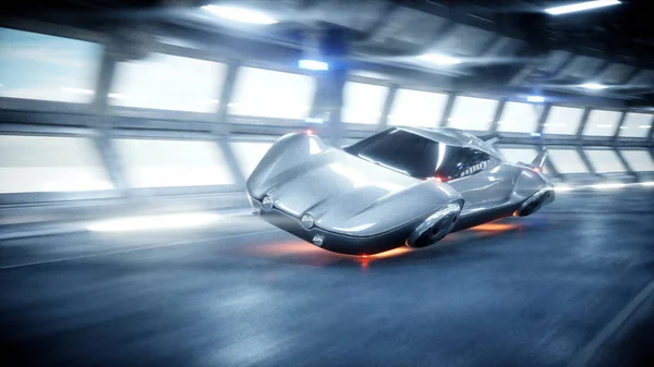 Futuristische auto snel rijden in sci fi tunnel, coridor. Het concept van de toekomst. 3d destructie. — Stockfoto