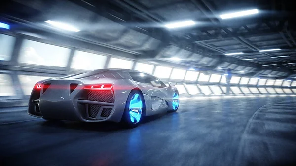 futuristic car fast driving in sci fi tunnel, coridor. Concept of future. 3d rendering.