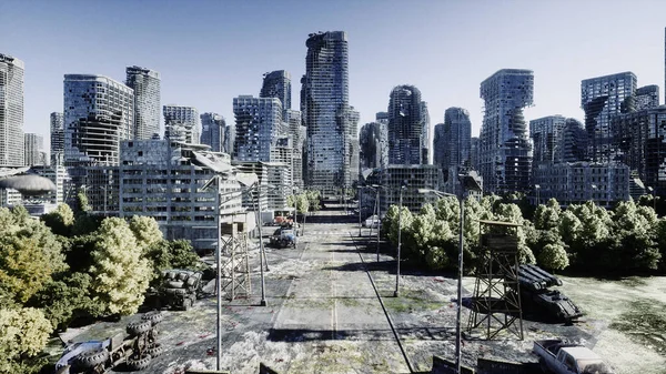 Apocalypse Şehri. Yok edilen şehrin havadan görüntüsü. Kıyamet konsepti. 3d oluşturma. — Stok fotoğraf