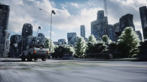 Un coche viejo cabalga en una ciudad arruinada. Concepto de Apocalipsis. renderizado 3d . —  Fotos de Stock