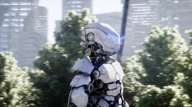Yok edilen şehirde askeri robot. Gelecekteki kıyamet konsepti. 3d oluşturma.