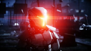 Yok edilen şehirde askeri robot. Gelecekteki kıyamet konsepti. 3d oluşturma.