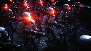 Yürüyen askeri robotlar. Askeri robotların işgali. Dramatik kıyamet süper gerçekçi bir kavram. Geleceğe. 3d oluşturma.