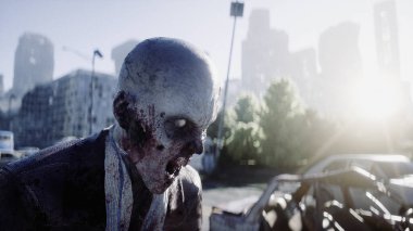 Mahvolmuş şehirde korkunç bir zombi. Zombi kıyameti konsepti. 3d oluşturma.