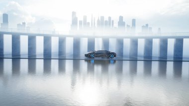 Siyah fütüristik elektrikli araba. Şehir sisi. Gelecek kavramı. 3d oluşturma.