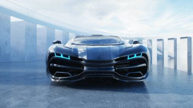 Siyah fütüristik elektrikli araba. Şehir sisi. Gelecek kavramı. 3d oluşturma.