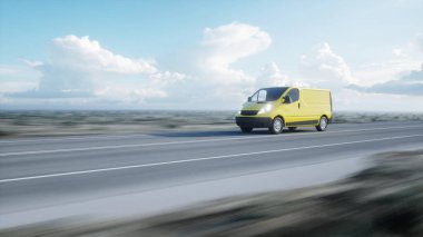 Sarı teslim van karayolu üzerinde. Çok hızlı araba. Taşıma ve lojistik kavramı. 3D render.