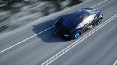 Çölde karayolunda siyah fütürist elektrikli araba. Çok hızlı sürüyorsun. Gelecek kavramı. 3d oluşturma.